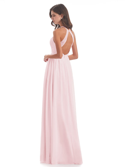 Harper A-line Halter Lace Long Bridesmaid Dresses
