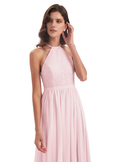 Harper A-line Halter Lace Long Bridesmaid Dresses