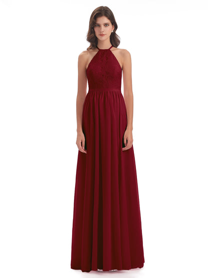 Harper A-line Halter Lace Long Bridesmaid Dresses