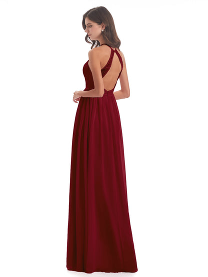 Harper A-line Halter Lace Long Bridesmaid Dresses