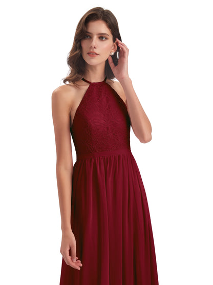 Harper A-line Halter Lace Long Bridesmaid Dresses
