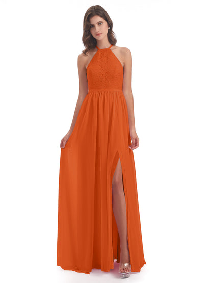 Harper A-line Halter Lace Long Bridesmaid Dresses
