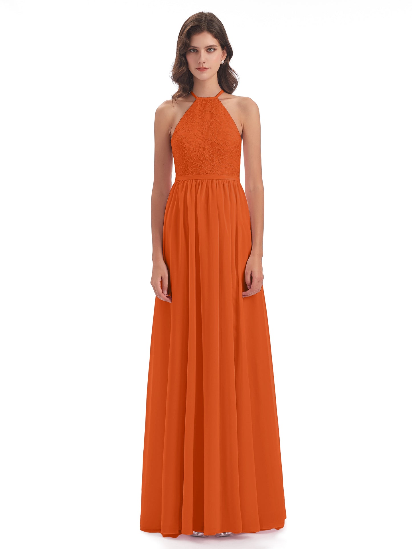 Harper A-line Halter Lace Long Bridesmaid Dresses