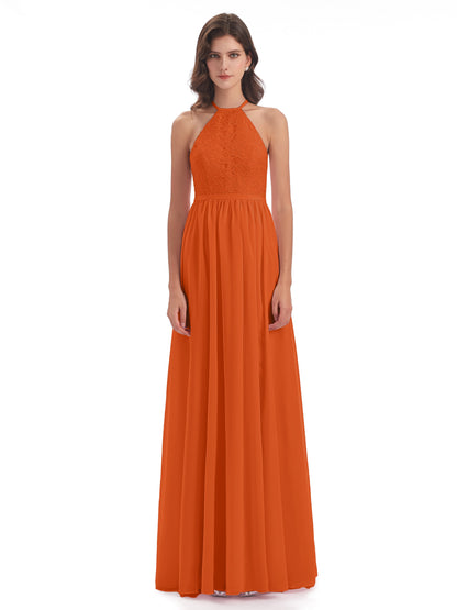 Harper A-line Halter Lace Long Bridesmaid Dresses