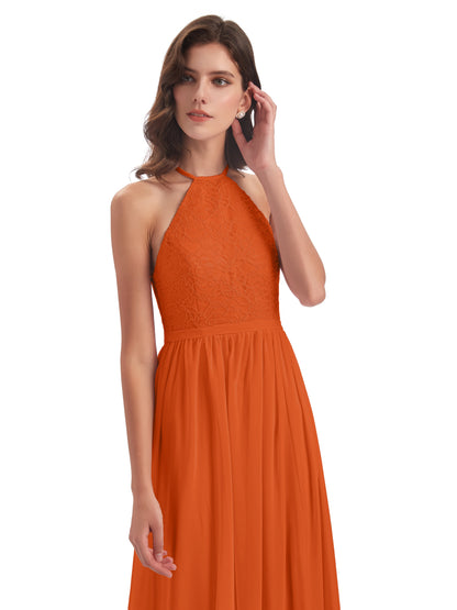 Harper A-line Halter Lace Long Bridesmaid Dresses