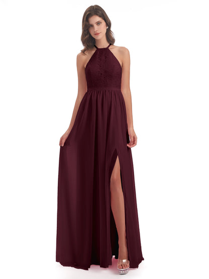 Harper A-line Halter Lace Long Bridesmaid Dresses