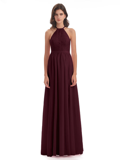 Harper A-line Halter Lace Long Bridesmaid Dresses