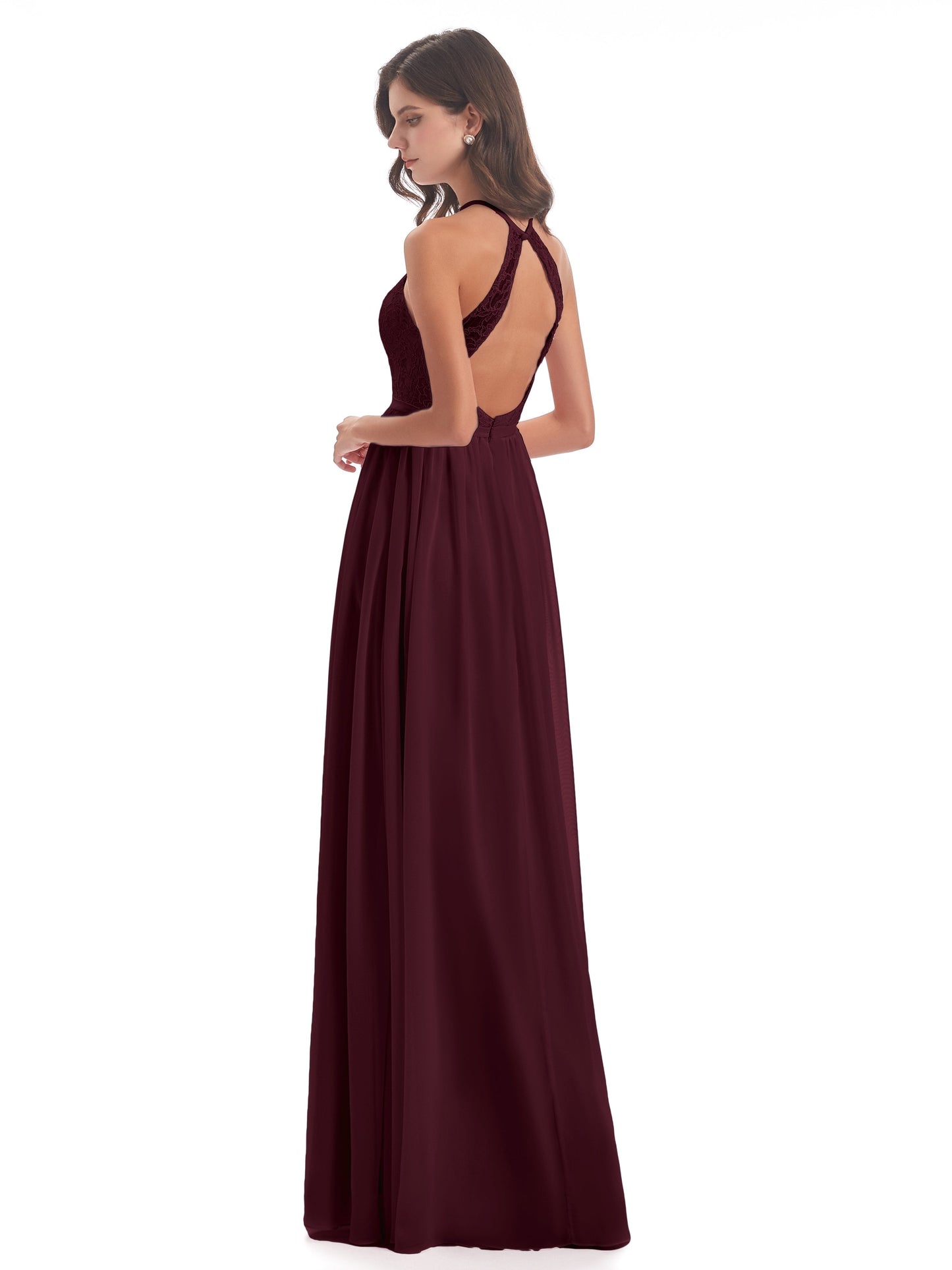 Harper A-line Halter Lace Long Bridesmaid Dresses