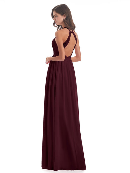 Harper A-line Halter Lace Long Bridesmaid Dresses