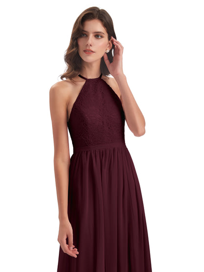 Harper A-line Halter Lace Long Bridesmaid Dresses