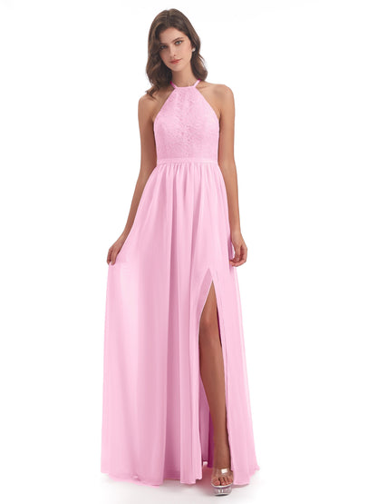 Harper A-line Halter Lace Long Bridesmaid Dresses