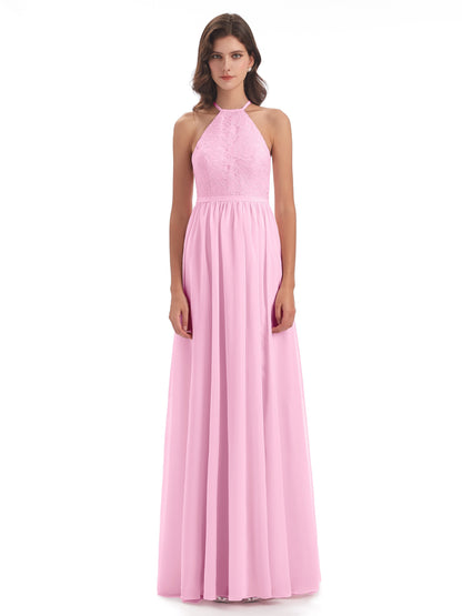 Harper A-line Halter Lace Long Bridesmaid Dresses