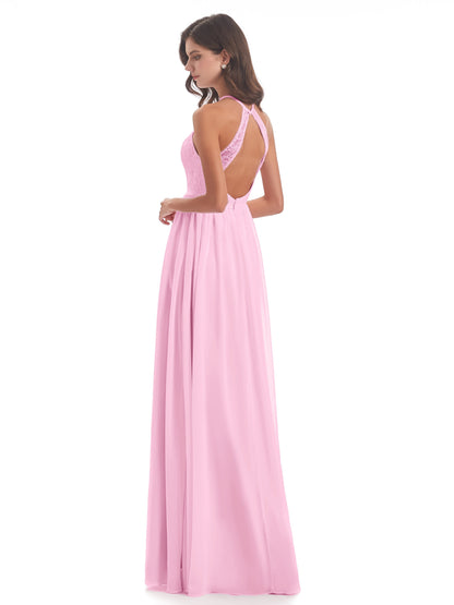 Harper A-line Halter Lace Long Bridesmaid Dresses
