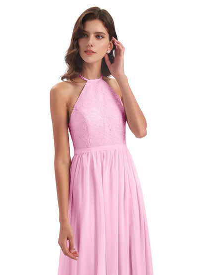 Harper A-line Halter Lace Long Bridesmaid Dresses
