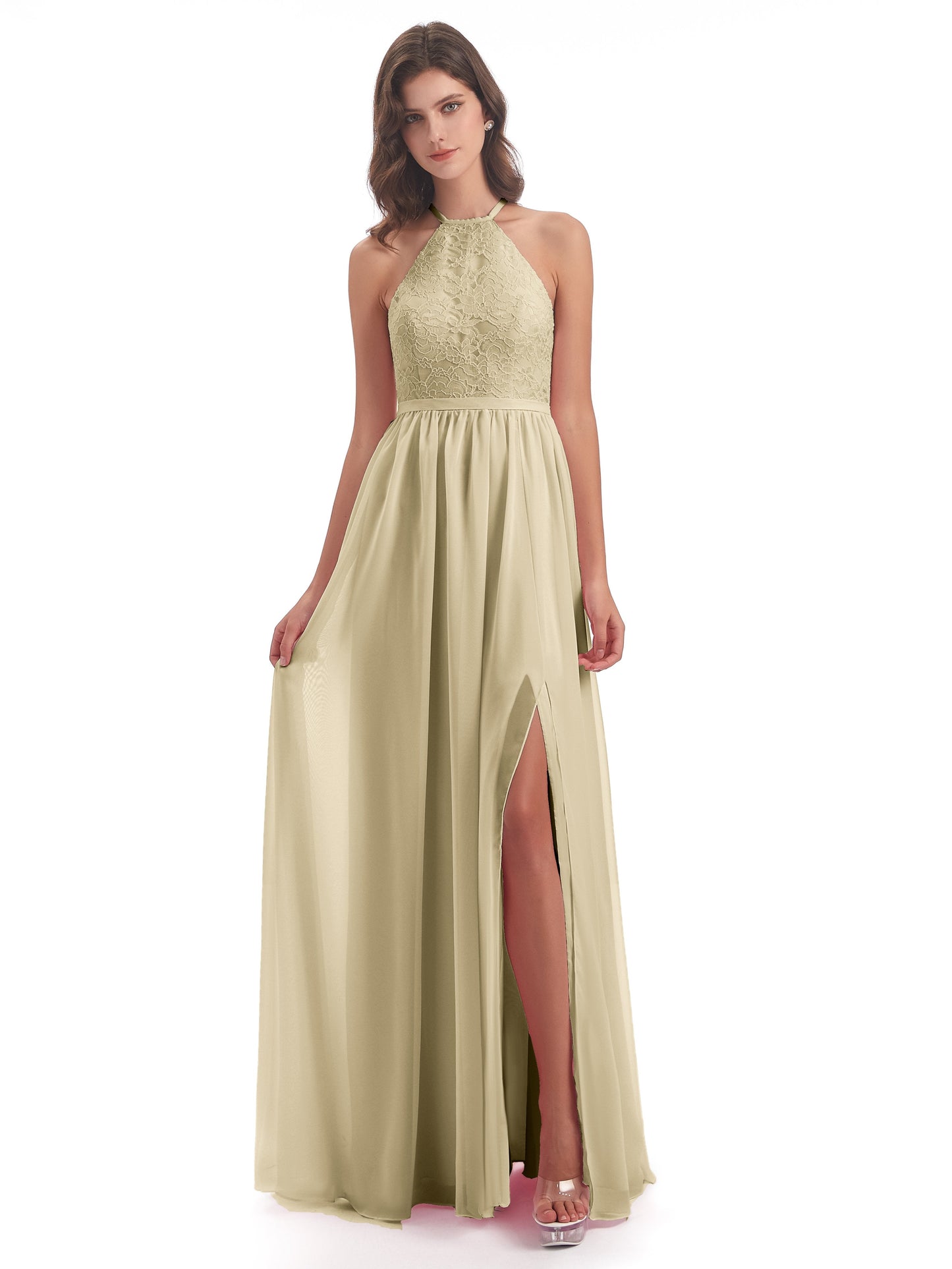Harper A-line Halter Lace Long Bridesmaid Dresses