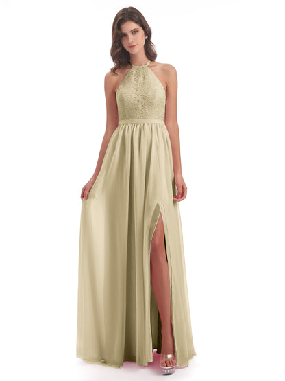 Harper A-line Halter Lace Long Bridesmaid Dresses