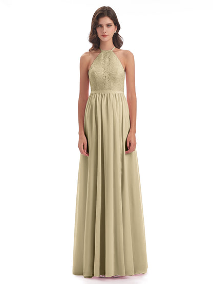 Harper A-line Halter Lace Long Bridesmaid Dresses