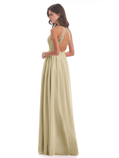 Harper A-line Halter Lace Long Bridesmaid Dresses