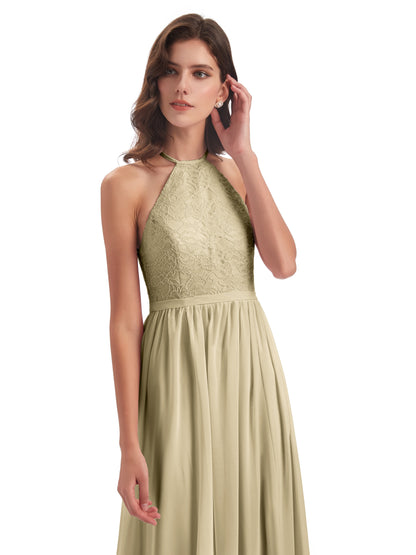 Harper A-line Halter Lace Long Bridesmaid Dresses