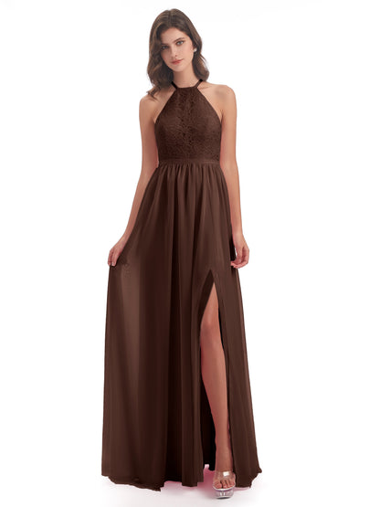 Harper A-line Halter Lace Long Bridesmaid Dresses