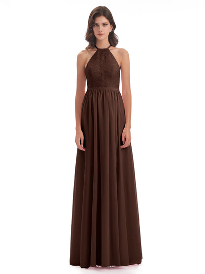 Harper A-line Halter Lace Long Bridesmaid Dresses
