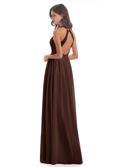 Harper A-line Halter Lace Long Bridesmaid Dresses