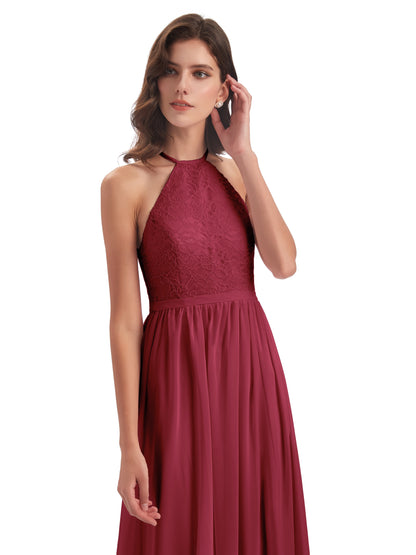Harper A-line Halter Lace Long Bridesmaid Dresses