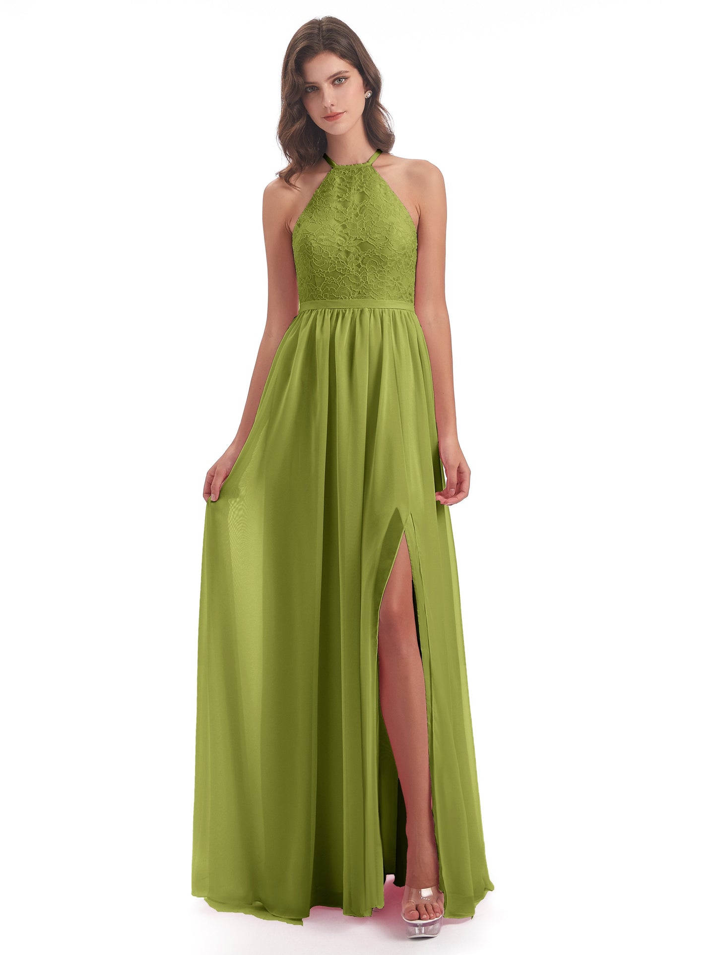 Harper A-line Halter Lace Long Bridesmaid Dresses