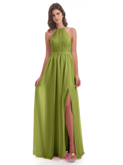 Harper A-line Halter Lace Long Bridesmaid Dresses