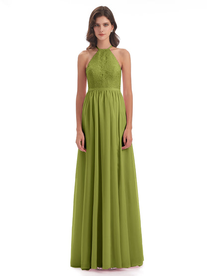 Harper A-line Halter Lace Long Bridesmaid Dresses