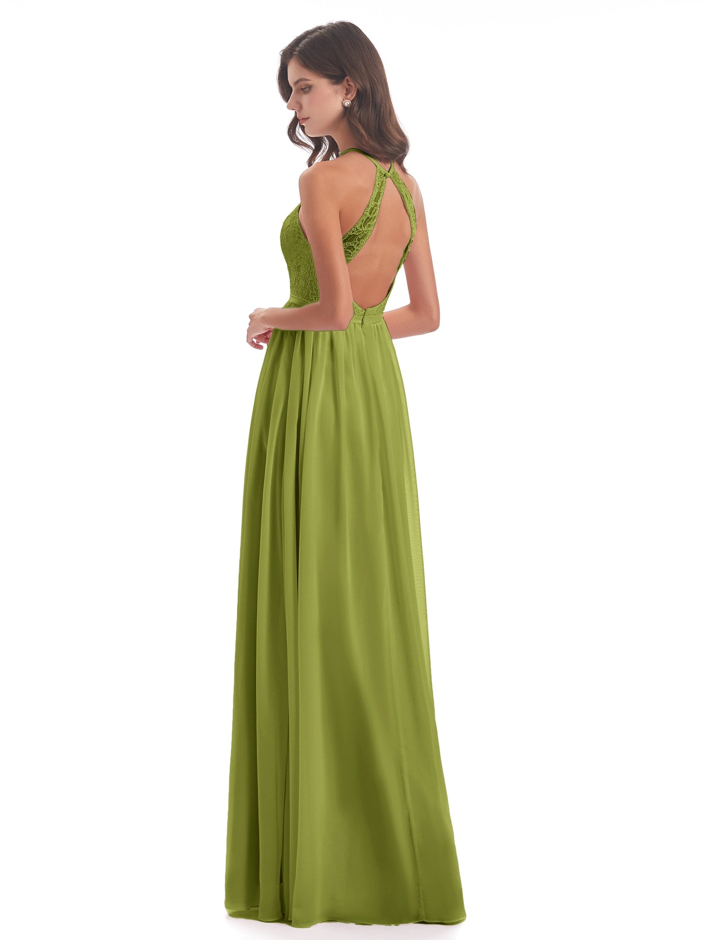 Harper A-line Halter Lace Long Bridesmaid Dresses