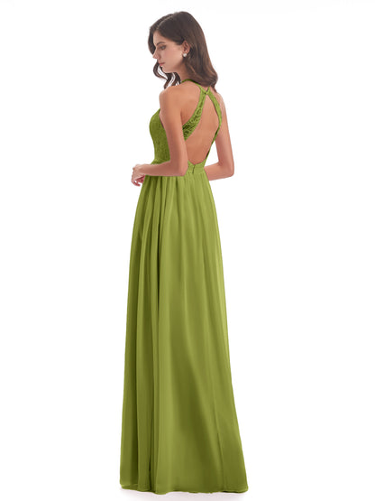 Harper A-line Halter Lace Long Bridesmaid Dresses