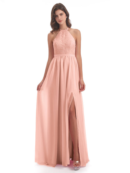 Harper A-line Halter Lace Long Bridesmaid Dresses