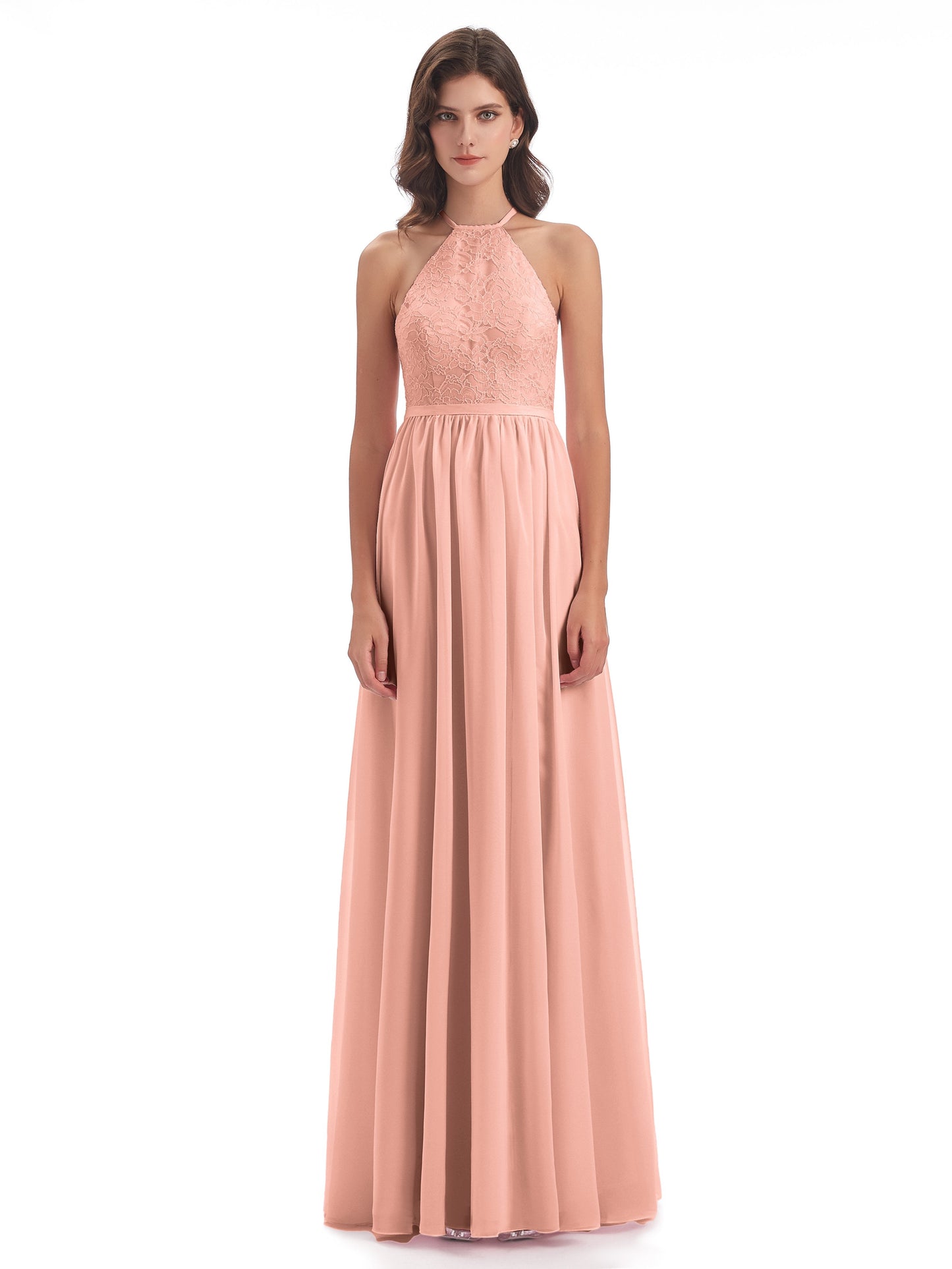 Harper A-line Halter Lace Long Bridesmaid Dresses
