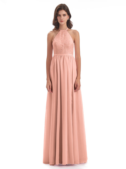 Harper A-line Halter Lace Long Bridesmaid Dresses