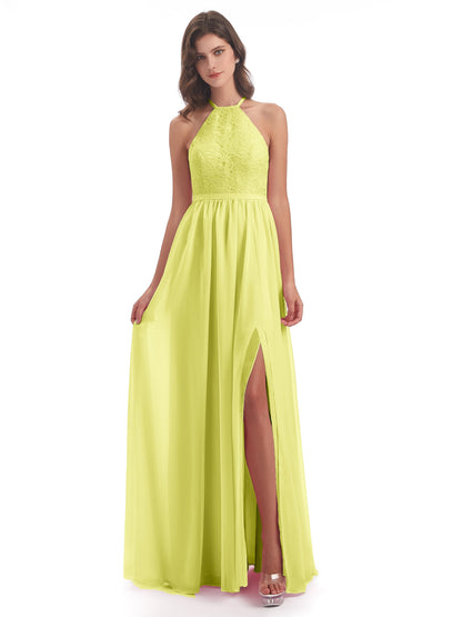 Harper A-line Halter Lace Long Bridesmaid Dresses