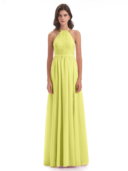 Harper A-line Halter Lace Long Bridesmaid Dresses