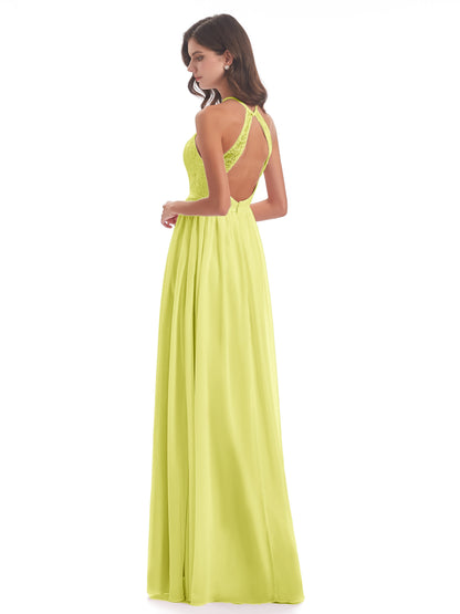 Harper A-line Halter Lace Long Bridesmaid Dresses