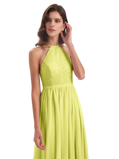 Harper A-line Halter Lace Long Bridesmaid Dresses