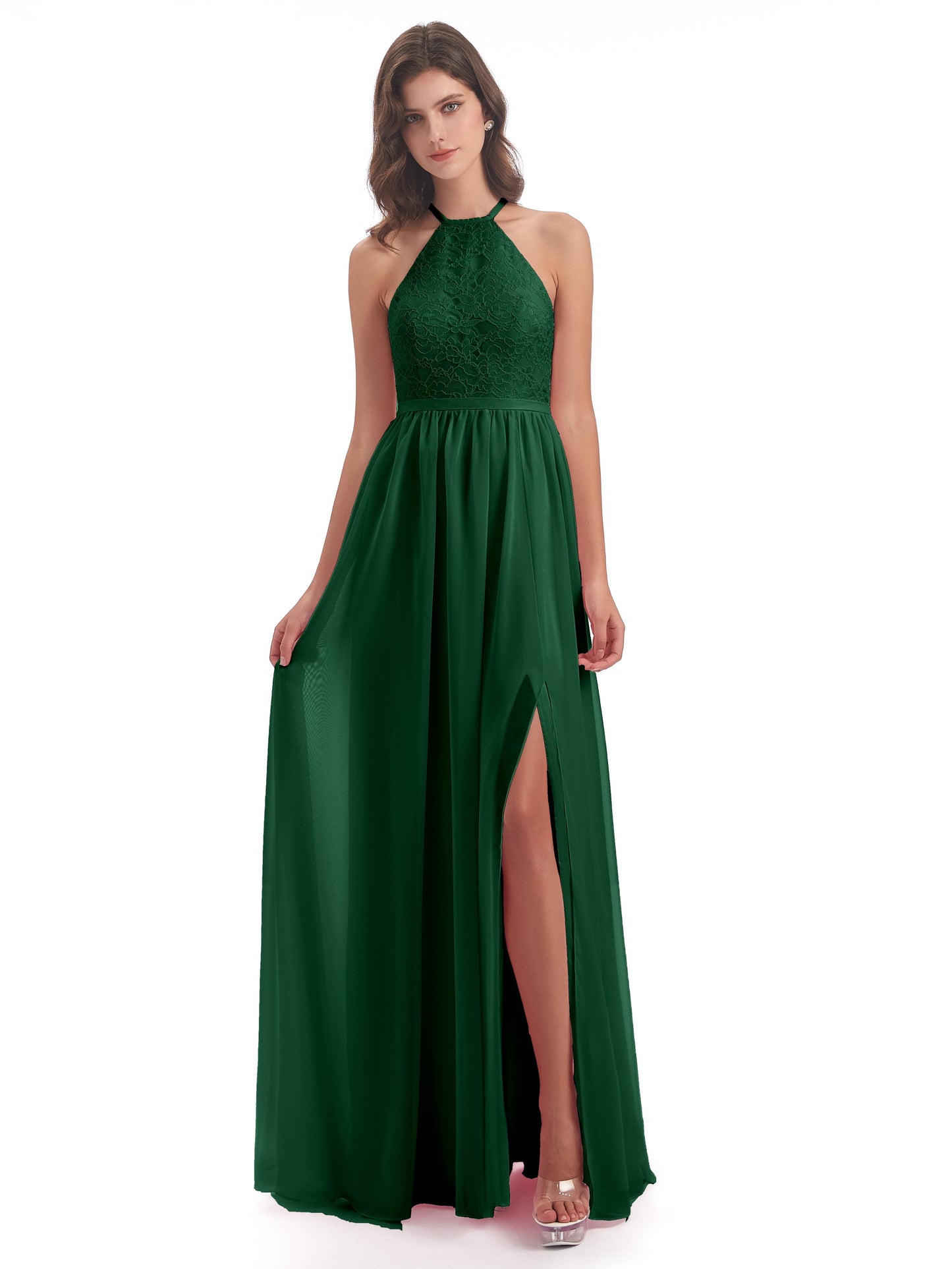 Harper A-line Halter Lace Long Bridesmaid Dresses