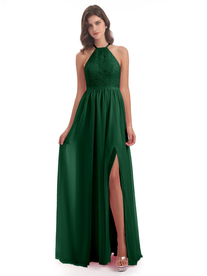 Harper A-line Halter Lace Long Bridesmaid Dresses