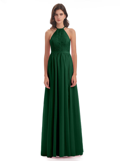 Harper A-line Halter Lace Long Bridesmaid Dresses