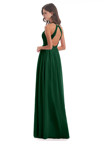 Harper A-line Halter Lace Long Bridesmaid Dresses