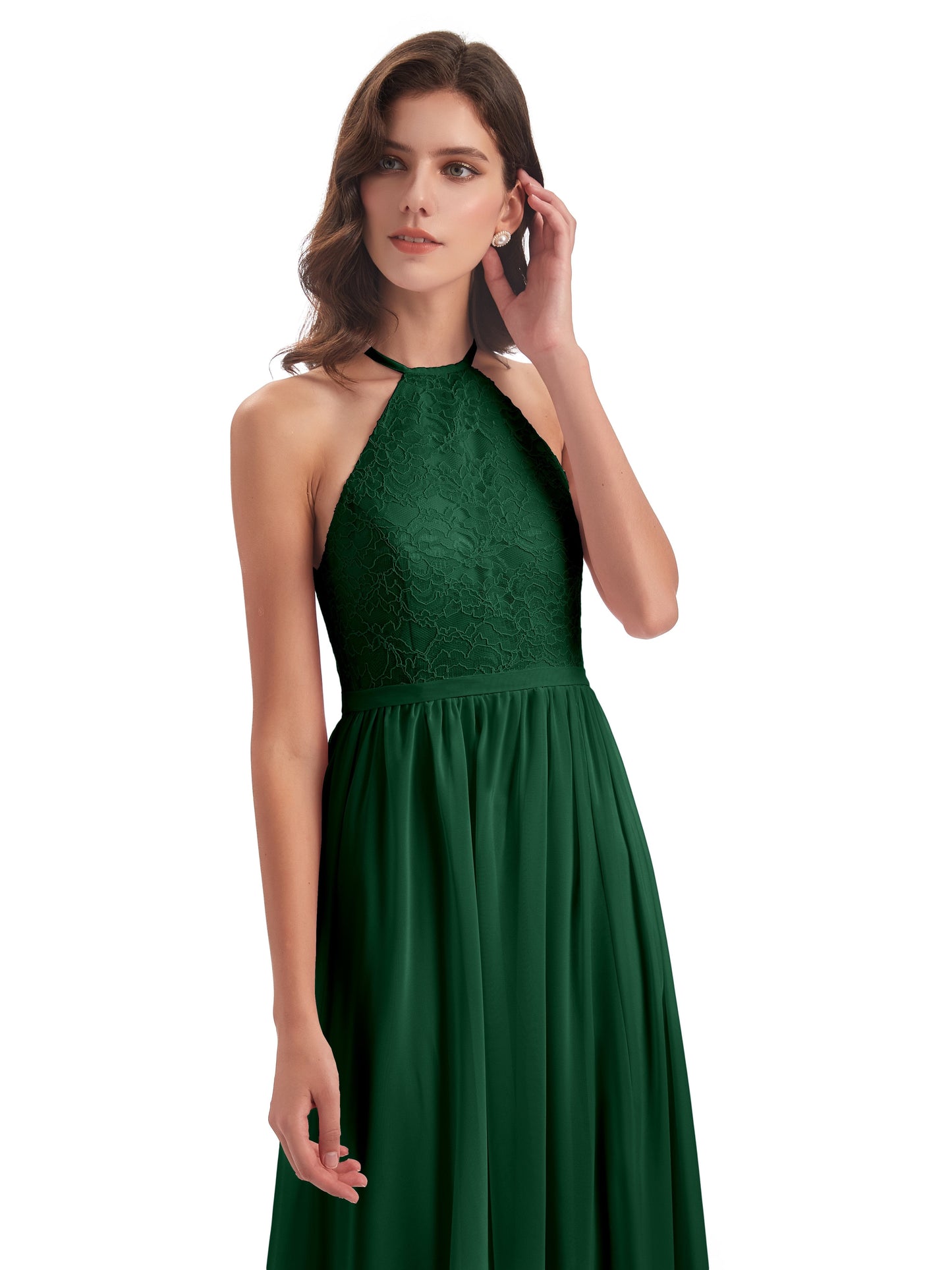 Harper A-line Halter Lace Long Bridesmaid Dresses
