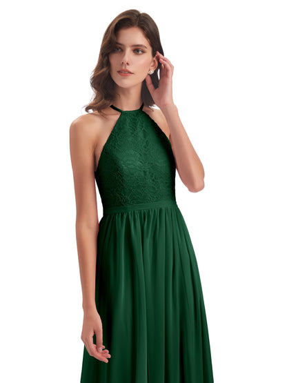 Harper A-line Halter Lace Long Bridesmaid Dresses