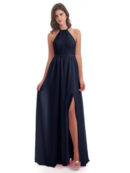Harper A-line Halter Lace Long Bridesmaid Dresses