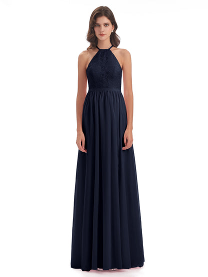 Harper A-line Halter Lace Long Bridesmaid Dresses