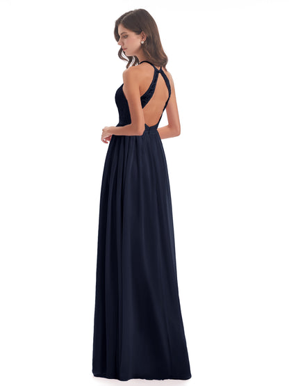 Harper A-line Halter Lace Long Bridesmaid Dresses