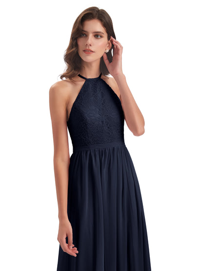 Harper A-line Halter Lace Long Bridesmaid Dresses