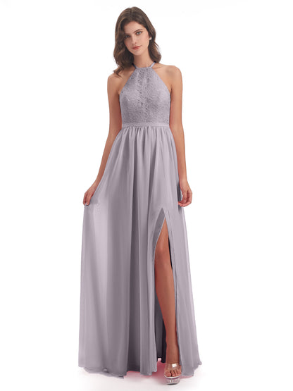 Harper A-line Halter Lace Long Bridesmaid Dresses